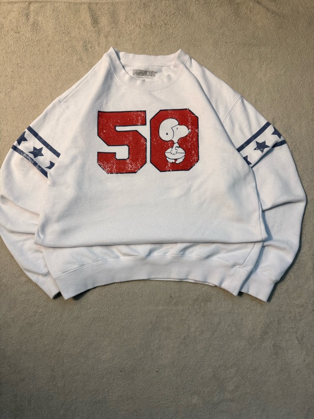 Peanuts White Crewneck Sweatshirt with Red '58' Graphic and Navy Stars